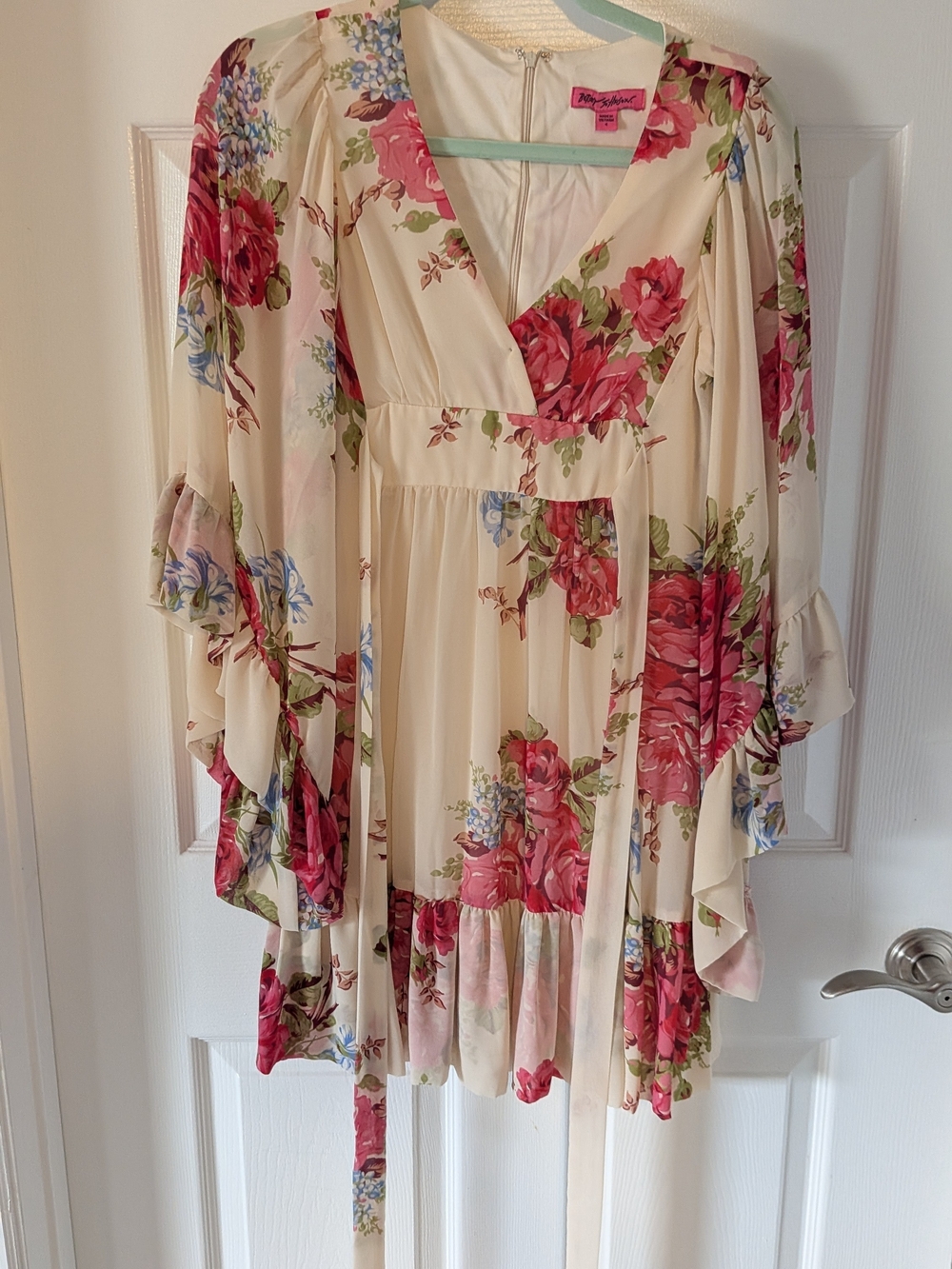 Betsey Johnson Cream Floral V-Neck Ruffle Tunic